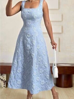 SHEIN Light Blue Floral Embroidered Square-Neck Midi Dress